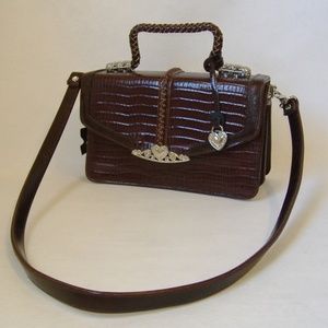 Brown Faux Croc Leather Purse Silver Metal Heart Trim Handbag Shoulder Bag Tote